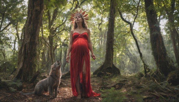 1girl,solo,long hair,breasts,brown hair,black hair,hair ornament,dress,bare shoulders,standing,outdoors,barefoot,day,tree,strapless,blood,animal,red dress,sunlight,grass,nature,scenery,strapless dress,forest,walking,realistic,arms at sides,headdress,wolf,dirty feet,medium breasts,statue,moss