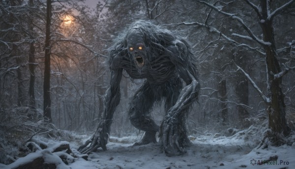 solo,looking at viewer,open mouth,1boy,yellow eyes,male focus,outdoors,teeth,tree,orange eyes,no humans,night,glowing,fangs,nature,glowing eyes,claws,snow,forest,veins,monster,lamppost,bare tree,horror (theme),sky,cloak,1other,snowing,branch,winter