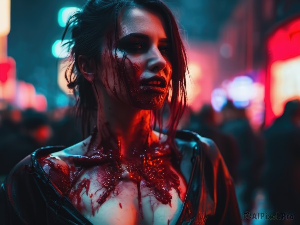 1girl,solo,breasts,short hair,black hair,red eyes,1boy,cleavage,collarbone,jacket,upper body,male focus,outdoors,parted lips,blurry,lips,blood,night,depth of field,blurry background,blood on face,realistic,nose,blood on clothes,blood splatter,cyberpunk,long hair,looking at viewer,teeth,mask,glowing,colored sclera,injury,black sclera