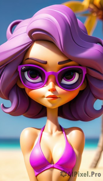 1girl,solo,breasts,looking at viewer,short hair,cleavage,bare shoulders,closed mouth,purple eyes,collarbone,swimsuit,upper body,purple hair,bikini,small breasts,outdoors,sky,glasses,day,shiny,artist name,medium hair,blurry,tree,blue sky,lips,eyelashes,makeup,blurry background,ocean,beach,sunglasses,lipstick,eyeshadow,sand,palm tree,pink bikini,purple bikini,purple-framed eyewear,medium breasts,multicolored hair,depth of field,watermark,summer