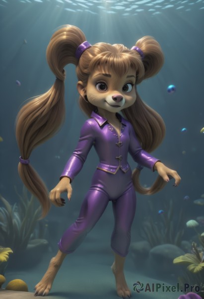 1girl,solo,long hair,looking at viewer,smile,brown hair,shirt,long sleeves,animal ears,twintails,brown eyes,very long hair,standing,full body,barefoot,pants,sunlight,child,claws,furry,fish,bubble,light rays,pajamas,underwater,furry female,purple shirt,female child,air bubble,body fur,animal nose,brown fur,purple pants,bangs,jacket,tail,flower,shiny,artist name,flat chest,bodysuit,watermark,low-tied long hair,zipper,freckles,shiny clothes,rock,purple jacket,snout,coral