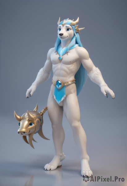 solo,long hair,looking at viewer,smile,blue eyes,1boy,navel,animal ears,jewelry,nipples,blue hair,standing,full body,weapon,male focus,thighs,nude,penis,necklace,stomach,holding weapon,muscular,abs,pectorals,muscular male,bara,claws,pelvic curtain,furry,reflection,large pectorals,toned,bulge,furry male,body fur,white fur,toned male,snout,two-tone fur,furrification,holding,staff,topless male,holding staff,bare pectorals,blue fur