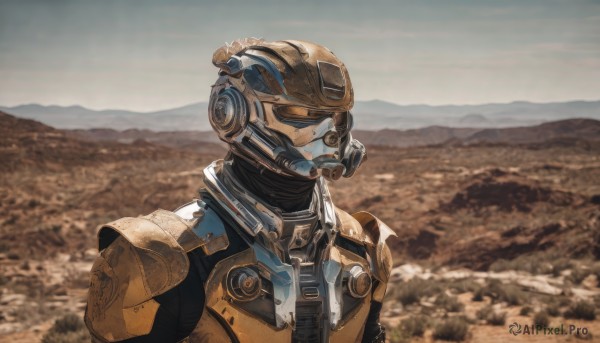 solo,1boy,upper body,male focus,outdoors,sky,day,armor,blurry,military,blurry background,helmet,robot,portrait,1other,science fiction,mountain,looking ahead,mountainous horizon,ambiguous gender,humanoid robot,1girl,realistic,desert