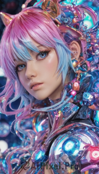 1girl,solo,long hair,breasts,looking at viewer,short hair,bangs,blue eyes,animal ears,cleavage,jewelry,blue hair,upper body,pink hair,multicolored hair,parted lips,cat ears,blurry,two-tone hair,lips,eyelashes,gradient hair,fake animal ears,headgear,portrait,science fiction,earrings,from side,close-up,realistic,nose,cable