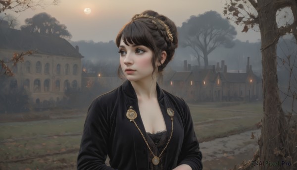 1girl,solo,breasts,short hair,bangs,brown hair,black hair,hair ornament,dress,cleavage,brown eyes,jewelry,medium breasts,jacket,upper body,braid,outdoors,parted lips,sky,necklace,hair bun,black eyes,black dress,tree,lips,black jacket,looking to the side,looking away,moon,single hair bun,building,nature,scenery,realistic,crown braid,looking afar,bare tree,grass,fog