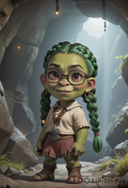 1girl,solo,long hair,looking at viewer,smile,skirt,shirt,red eyes,twintails,brown eyes,jewelry,standing,full body,white shirt,braid,short sleeves,earrings,green hair,glasses,teeth,pointy ears,belt,necklace,grin,twin braids,colored skin,brown footwear,sandals,grass,sharp teeth,child,black-framed eyewear,rock,female child,green skin,fewer digits,goblin,blush,pleated skirt,outdoors,artist name,flat chest,fangs,thick eyebrows,black belt,hoop earrings,round eyewear,brown belt,tusks