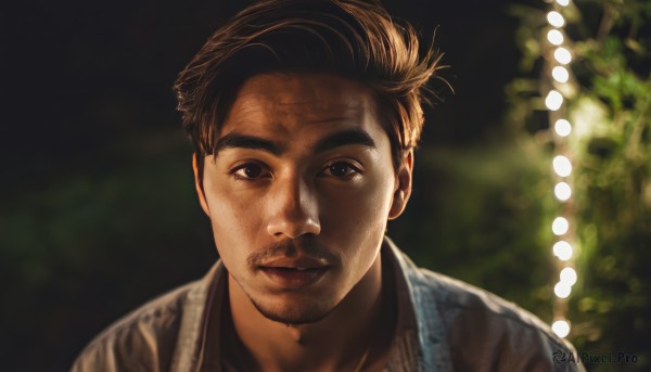 solo,looking at viewer,short hair,brown hair,shirt,1boy,brown eyes,closed mouth,upper body,male focus,blurry,black eyes,depth of field,blurry background,facial hair,portrait,beard,realistic,mustache,stubble,lips,backlighting,brown jacket,light,bokeh