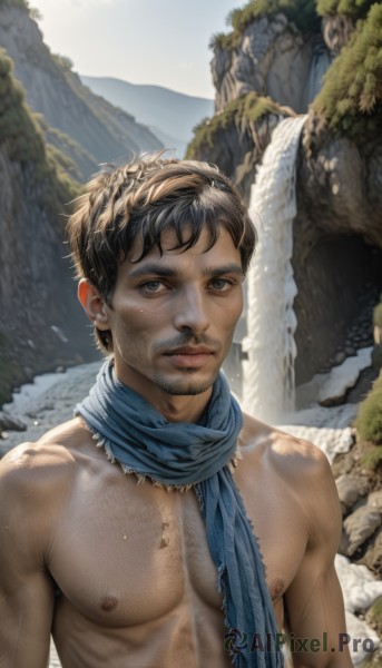 solo,looking at viewer,short hair,brown hair,black hair,1boy,closed mouth,nipples,upper body,male focus,nude,outdoors,day,water,scarf,lips,wet,muscular,facial hair,pectorals,muscular male,bara,beard,topless male,mountain,realistic,stubble,blue scarf,dirty,chest hair,river,waterfall,cliff,bangs,blue eyes,brown eyes,sky,abs,messy hair,rock