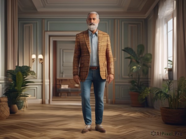 solo,looking at viewer,shirt,long sleeves,1boy,standing,jacket,full body,white shirt,white hair,male focus,open clothes,shoes,collared shirt,belt,pants,indoors,plaid,window,facial hair,brown footwear,plant,denim,beard,brown jacket,jeans,wooden floor,realistic,mustache,door,potted plant,lamp,bald,old,plaid shirt,old man,grey hair,blurry,dress shirt,blue pants,brown belt,wrinkled skin