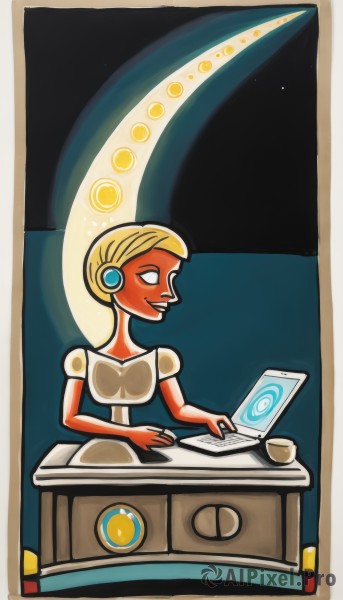 1girl,solo,smile,short hair,blonde hair,dress,sitting,cup,colored skin,headphones,moon,desk,computer,crescent moon,monitor,laptop,robot ears,keyboard (computer),mouse (computer),short sleeves,night,robot,star (sky)