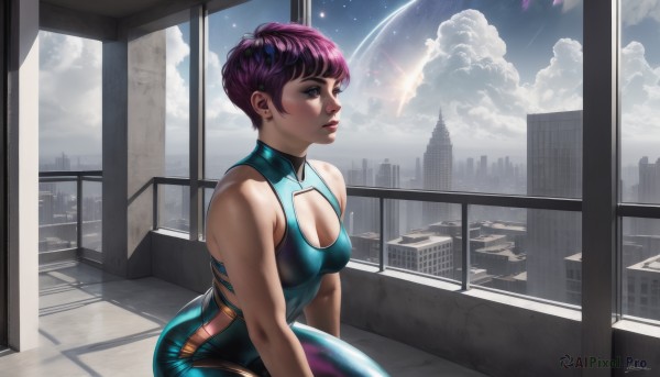 1girl,solo,breasts,short hair,blue eyes,hair ornament,cleavage,bare shoulders,jewelry,medium breasts,sitting,purple eyes,purple hair,earrings,sky,sleeveless,artist name,cloud,indoors,signature,lips,looking to the side,clothing cutout,window,bodysuit,makeup,looking away,cleavage cutout,cloudy sky,lipstick,building,star (sky),skin tight,shiny clothes,city,realistic,nose,stud earrings,cityscape,looking afar,skyscraper,shooting star,blush,bangs,parted lips,day,from side,scenery,science fiction,very short hair,blue bodysuit,contrail,unitard