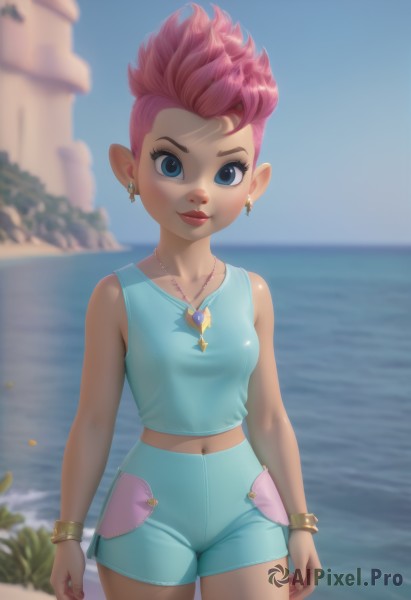 1girl,solo,breasts,looking at viewer,smile,short hair,blue eyes,shirt,navel,bare shoulders,jewelry,closed mouth,standing,collarbone,pink hair,cowboy shot,earrings,small breasts,outdoors,sky,shorts,sleeveless,day,pointy ears,midriff,water,necklace,nail polish,blurry,bracelet,blue sky,lips,crop top,short shorts,eyelashes,sleeveless shirt,makeup,depth of field,blurry background,ocean,beach,tank top,blue shirt,lipstick,spiked hair,pink nails,pendant,blue shorts,nose,arms at sides,horizon,artist name,scar,web address