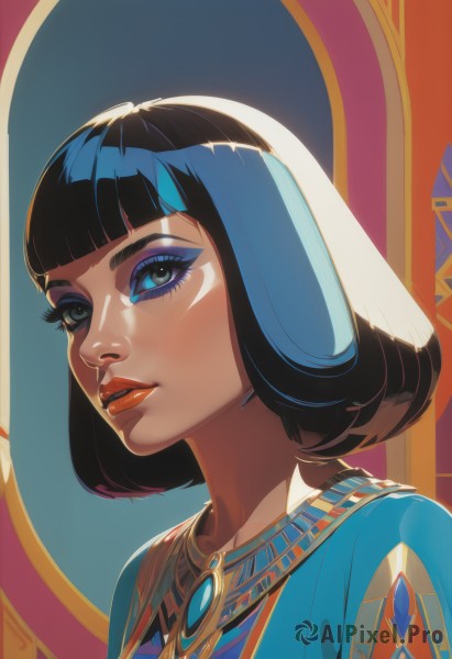 1girl,solo,looking at viewer,short hair,bangs,blue eyes,black hair,dress,jewelry,blue hair,upper body,multicolored hair,parted lips,shiny,dark skin,blunt bangs,necklace,black eyes,dark-skinned female,lips,eyelashes,makeup,bob cut,lipstick,gem,portrait,eyeshadow,nose,red lips,eyeliner,mascara,egyptian