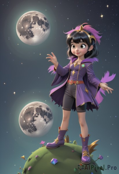 1girl,solo,smile,short hair,bangs,black hair,long sleeves,jewelry,closed mouth,standing,full body,boots,sky,shorts,belt,artist name,signature,hood,wide sleeves,star (symbol),black eyes,lips,black shorts,moon,grass,bike shorts,gem,child,star (sky),starry sky,purple footwear,planet,breasts,night,full moon