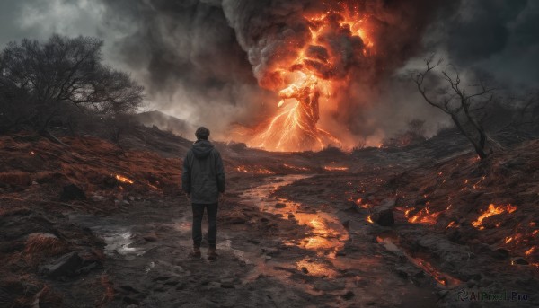 1boy, standing, outdoors, sky, pants, hood, bag, from behind, tree, backpack, fire, scenery, smoke, burning, molten rock