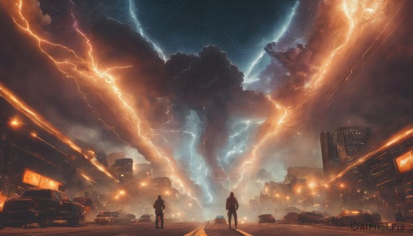 1girl,long hair,short hair,1boy,standing,outdoors,multiple boys,sky,cloud,2boys,from behind,night,cloudy sky,fire,ground vehicle,building,scenery,motor vehicle,smoke,science fiction,city,electricity,car,explosion,lightning,destruction,sparks,truck,signature,star (sky),realistic