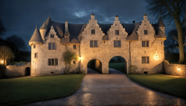 HQ,outdoors,sky,cloud,water,tree,no humans,window,night,cloudy sky,grass,building,night sky,scenery,light,road,house,lamppost,bare tree,castle,path,church,moon,fantasy,bush,bridge,river,tower,arch