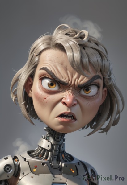 1girl,solo,looking at viewer,short hair,open mouth,blonde hair,simple background,brown hair,brown eyes,teeth,artist name,grey background,lips,orange eyes,thick eyebrows,portrait,angry,smoke,freckles,science fiction,realistic,nose,android,mechanical arms,cyborg,robot joints,cyberpunk,mechanical parts,bangs,gradient,gradient background,eyelashes,close-up,furrowed brow,dirty,damaged,dirty face