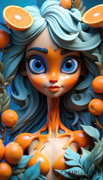 1girl,solo,long hair,breasts,looking at viewer,smile,blue eyes,closed mouth,blue hair,collarbone,upper body,nude,small breasts,food,lips,eyelashes,makeup,fruit,colored skin,leaf,blue background,thick eyebrows,plant,monster girl,freckles,orange (fruit),mandarin orange,orange theme,orange slice,orange skin,hair ornament,bare shoulders,artist name,blurry,depth of field,wavy hair,facial mark,curly hair,red lips,bodypaint