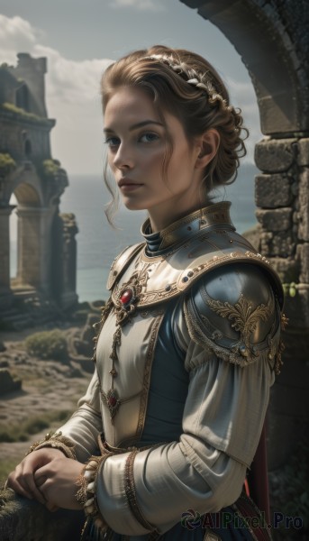 1girl,solo,looking at viewer,short hair,blue eyes,blonde hair,brown hair,long sleeves,dress,jewelry,closed mouth,upper body,outdoors,sky,day,cloud,water,cape,armor,blurry,from side,lips,grey eyes,blurry background,blue dress,ocean,cloudy sky,own hands together,shoulder armor,gem,pauldrons,realistic,weapon,parted lips,sword,knight,chainmail