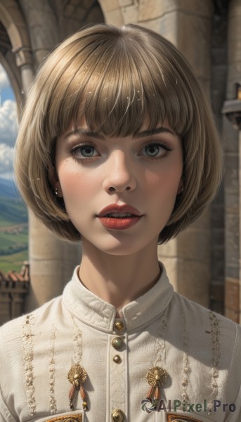 1girl,solo,looking at viewer,short hair,bangs,blue eyes,blonde hair,brown hair,shirt,jewelry,white shirt,upper body,earrings,outdoors,parted lips,sky,teeth,day,collared shirt,blurry,lips,grey eyes,eyelashes,makeup,buttons,blurry background,bob cut,lipstick,portrait,freckles,realistic,nose,red lips,cloud,blunt bangs