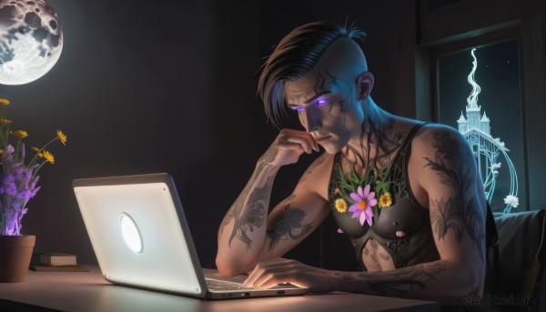 solo,short hair,black hair,1boy,bare shoulders,sitting,closed mouth,purple eyes,upper body,flower,male focus,sky,sleeveless,indoors,dark skin,window,tattoo,muscular,night,glowing,chair,moon,table,dark-skinned male,tank top,plant,star (sky),glowing eyes,full moon,pink flower,hand on own face,head rest,purple flower,hand on own cheek,potted plant,arm tattoo,computer,shoulder tattoo,planet,laptop,vase,elbow rest,full-body tattoo,book,night sky,topless male,undercut,hologram