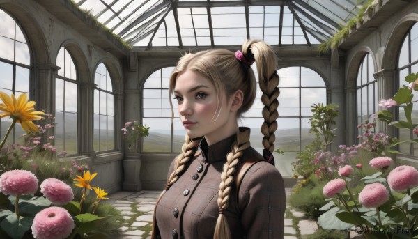 1girl,solo,long hair,breasts,looking at viewer,blush,blue eyes,blonde hair,shirt,hair ornament,long sleeves,twintails,brown eyes,closed mouth,upper body,braid,flower,parted lips,day,artist name,indoors,twin braids,lips,looking to the side,window,buttons,looking away,plant,pink flower,realistic,nose,hair tie,garden,bangs,medium breasts,collared shirt,sunlight,scenery,grey shirt,freckles,yellow flower,brown shirt