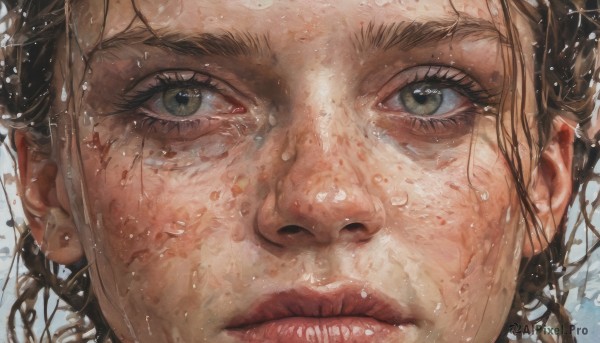 1girl,solo,looking at viewer,brown hair,brown eyes,closed mouth,green eyes,parted lips,artist name,water,lips,wet,eyelashes,portrait,close-up,freckles,reflection,realistic,nose,tears,blood,plant,messy hair,water drop,blood on face,wet hair,dirty