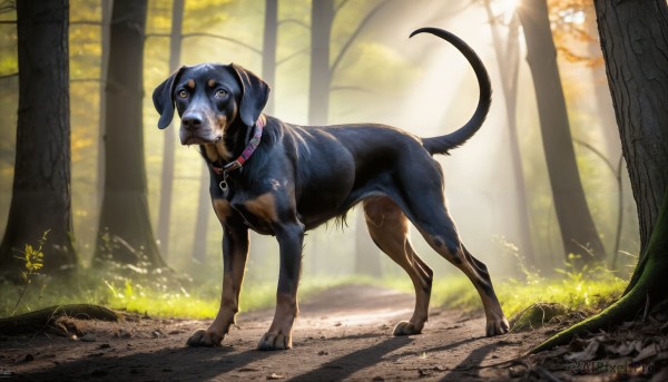 HQ,solo,brown eyes,full body,flower,outdoors,day,signature,collar,tree,no humans,animal,sunlight,grass,nature,forest,dog,light rays,realistic,leash,animal focus,animal collar,looking at viewer,standing,tongue,tongue out,watermark,web address