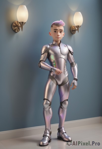 1girl,solo,looking at viewer,short hair,1boy,brown eyes,standing,full body,pink hair,male focus,armor,lips,bodysuit,skin tight,androgynous,science fiction,realistic,very short hair,undercut,cyborg,power armor,cyberpunk,light bulb,smile,boots,tattoo,aged down,robot,android,light,mohawk