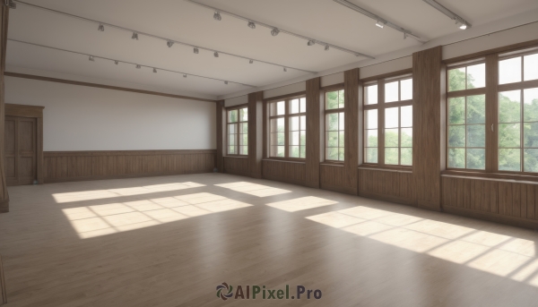 day,indoors,tree,no humans,window,shadow,sunlight,scenery,wooden floor,door,shade,school,hallway,watermark,curtains,classroom,ceiling,ceiling light,reflective floor