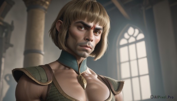 1girl,solo,breasts,looking at viewer,short hair,bangs,large breasts,brown hair,1boy,cleavage,brown eyes,closed mouth,collarbone,upper body,weapon,male focus,choker,sword,indoors,armor,blurry,lips,window,muscular,blurry background,facial mark,bob cut,shoulder armor,portrait,realistic,nose,blonde hair,jewelry,backlighting