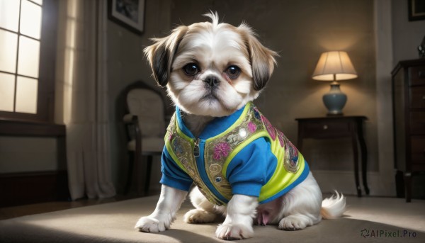 HQ,solo,looking at viewer,shirt,brown eyes,indoors,no humans,window,animal,chair,table,sunlight,blue shirt,curtains,dog,realistic,lamp,animal focus,picture frame,painting (object),clothed animal,full body,chinese clothes