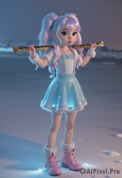 1girl,solo,long hair,looking at viewer,blush,blue eyes,skirt,shirt,hair ornament,dress,bow,holding,twintails,blue hair,standing,full body,pink hair,purple hair,braid,short sleeves,multicolored hair,boots,outdoors,nail polish,blurry,twin braids,flat chest,two-tone hair,lips,blue skirt,see-through,fur trim,makeup,blurry background,beach,scrunchie,suspenders,lipstick,instrument,child,snow,suspender skirt,red lips,wrist scrunchie,over shoulder,fur-trimmed boots,footprints,white hair,water,night,personification,pink footwear