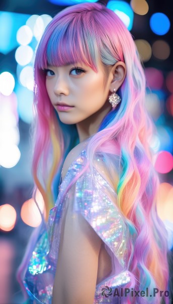 1girl,solo,long hair,looking at viewer,bangs,dress,jewelry,closed mouth,blue hair,upper body,pink hair,multicolored hair,earrings,blunt bangs,blurry,from side,two-tone hair,lips,gradient hair,makeup,depth of field,blurry background,lipstick,realistic,nose,bokeh,blue eyes,sleeveless,artist name,looking to the side,eyelashes,watermark,wavy hair,web address,eyeshadow,pink lips,mascara,rainbow hair