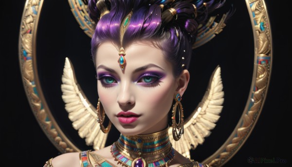 1girl,solo,looking at viewer,short hair,blue eyes,hair ornament,jewelry,closed mouth,green eyes,purple hair,earrings,wings,dark skin,aqua eyes,dark-skinned female,lips,eyelashes,makeup,lipstick,black background,gem,portrait,eyeshadow,gold trim,eyeliner,neck ring,purple lips,gold,mascara,blue eyeshadow,purple eyeshadow,bare shoulders,multicolored hair,parted lips,shiny,artist name,necklace,feathers,freckles,pink lips,realistic,nose,egyptian,updo,egyptian clothes