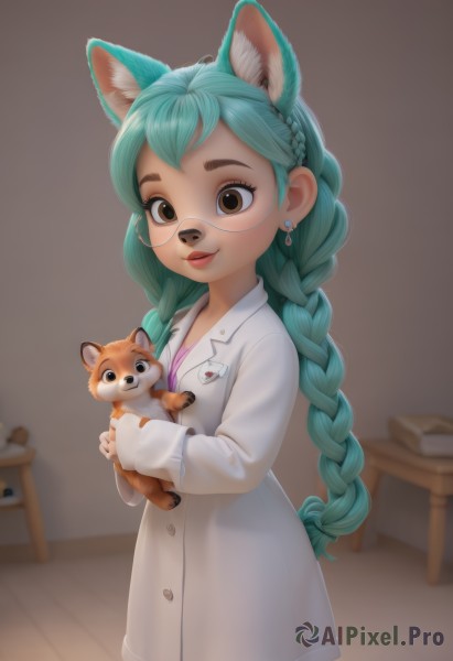 1girl,solo,long hair,looking at viewer,smile,long sleeves,holding,animal ears,brown eyes,jewelry,closed mouth,blue hair,braid,cowboy shot,earrings,green hair,glasses,artist name,indoors,cat ears,blurry,twin braids,lips,animal ear fluff,aqua hair,blurry background,animal,table,semi-rimless eyewear,extra ears,round eyewear,furry female,labcoat,holding animal,book,furry,dog,animal nose