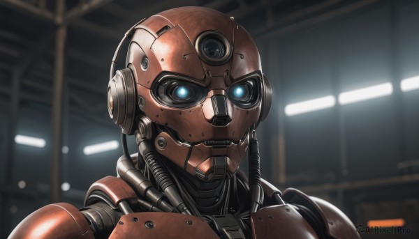 solo,blue eyes,1boy,upper body,male focus,indoors,armor,blurry,blurry background,glowing,helmet,robot,portrait,glowing eyes,1other,science fiction,realistic,cable,power armor,lights,wire,humanoid robot,looking at viewer,no humans,mecha,close-up,straight-on