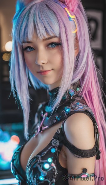 1girl,solo,long hair,breasts,looking at viewer,smile,bangs,blue eyes,hair ornament,animal ears,cleavage,bare shoulders,medium breasts,closed mouth,upper body,pink hair,multicolored hair,hairband,blurry,from side,two-tone hair,lips,clothing cutout,makeup,blurry background,cleavage cutout,armlet,realistic,nose,blue hair,sidelocks,artist name,blunt bangs,armor,rabbit ears,eyelashes,gradient hair,depth of field,fake animal ears,crescent,freckles,science fiction,pink lips,eyeliner,bokeh,mascara