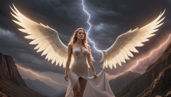 1girl,solo,long hair,breasts,blonde hair,brown hair,dress,cleavage,bare shoulders,medium breasts,standing,braid,outdoors,wings,sky,cloud,white dress,lips,cloudy sky,feathered wings,angel wings,mountain,white wings,angel,dirty,lightning,large wings,large breasts,jewelry,green eyes,earrings,sunlight,looking up,backlighting,rain