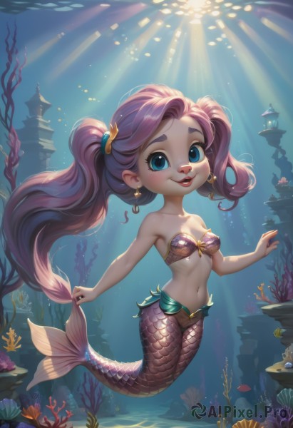 1girl,solo,long hair,breasts,looking at viewer,blush,smile,open mouth,blue eyes,hair ornament,navel,cleavage,bare shoulders,twintails,jewelry,collarbone,swimsuit,full body,pink hair,purple hair,bikini,earrings,small breasts,teeth,artist name,signature,sunlight,monster girl,fish,light rays,underwater,furry female,air bubble,mermaid,shell,starfish,coral,shell bikini,medium breasts,very long hair,underwear,tail,water,bra,strapless,upper teeth only,watermark,thick eyebrows,child,bikini top only,freckles,bubble,scales,star earrings,sunbeam,fins,submerged