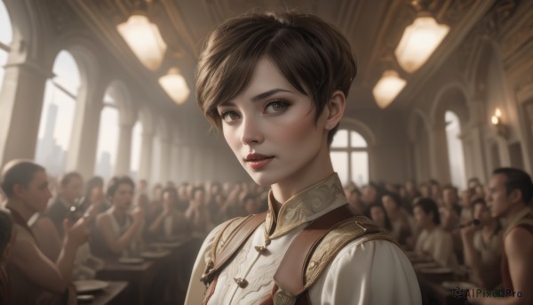 1girl,looking at viewer,short hair,bangs,brown hair,shirt,dress,brown eyes,jewelry,white shirt,upper body,earrings,parted lips,multiple boys,sleeveless,solo focus,indoors,hair bun,blurry,lips,looking to the side,eyelashes,window,makeup,depth of field,blurry background,table,single hair bun,lipstick,freckles,6+boys,nose,red lips,stud earrings,candle,crowd,church,chandelier,blush,smile,multiple girls,realistic,very short hair,people