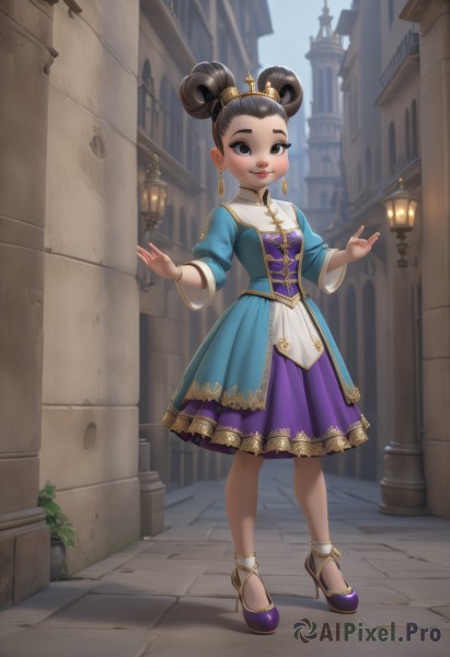 1girl,solo,looking at viewer,blush,smile,open mouth,black hair,long sleeves,dress,brown eyes,jewelry,standing,full body,earrings,outdoors,sky,shoes,day,puffy sleeves,hair bun,black eyes,high heels,lips,double bun,makeup,blue dress,tiara,plant,lipstick,building,child,purple dress,forehead,gold trim,blue footwear,city,red lips,female child,purple footwear,lamppost,breasts,short hair,hair ornament,bracelet,hair rings