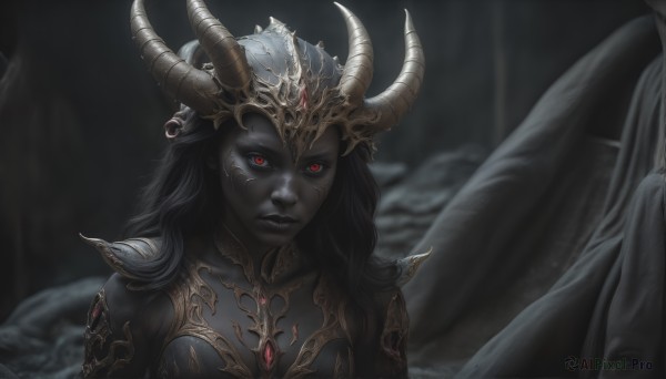 HQ,1girl,solo,long hair,breasts,looking at viewer,black hair,red eyes,closed mouth,upper body,horns,armor,blurry,lips,blurry background,colored skin,demon girl,demon horns,shoulder armor,gem,glowing eyes,colored sclera,pauldrons,black sclera,grey skin,black skin,black lips,wings,helmet