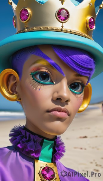 1girl,solo,looking at viewer,short hair,blue eyes,hat,jewelry,closed mouth,purple hair,earrings,day,lips,eyelashes,makeup,watermark,facial mark,crown,lipstick,brooch,gem,portrait,web address,eyeshadow,freckles,realistic,nose,eyeliner,mascara,blurry,blurry background,gold