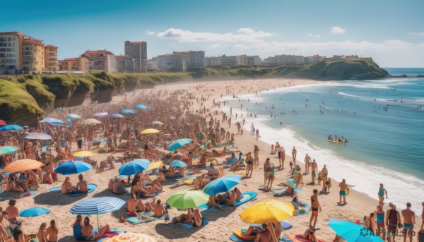 multiple girls,outdoors,multiple boys,sky,day,cloud,water,tree,blue sky,bird,ocean,6+girls,umbrella,chair,beach,building,scenery,6+boys,innertube,city,sand,palm tree,cityscape,parasol,beach umbrella,crowd,people,short hair,black hair,hat,standing,swimsuit,bag,cloudy sky,towel,walking,topless male,dog,horizon,watercraft,summer,male swimwear,boat,shore,swim trunks,seagull,footprints,sand sculpture,sand castle