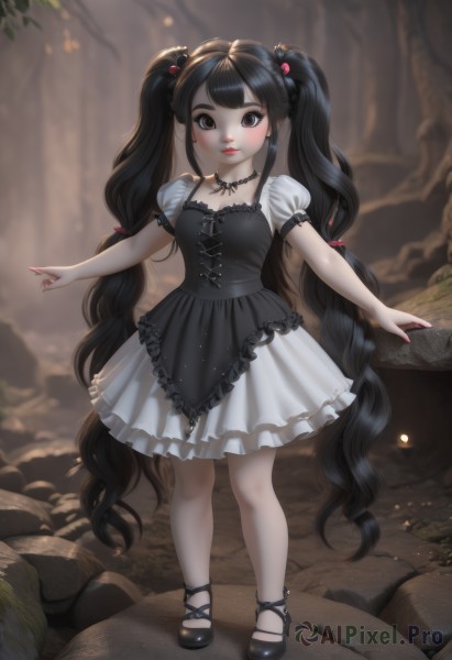 1girl,solo,long hair,breasts,looking at viewer,blush,smile,bangs,black hair,hair ornament,dress,twintails,brown eyes,jewelry,very long hair,closed mouth,standing,collarbone,full body,short sleeves,earrings,outdoors,frills,shoes,choker,puffy sleeves,artist name,necklace,nail polish,black footwear,blurry,black eyes,black dress,puffy short sleeves,lips,blurry background,watermark,white skirt,child,nature,red nails,web address,mary janes,forest,lolita fashion,rock,gothic lolita,red lips,gothic,skirt,small breasts,white dress,frilled dress,outstretched arms,cross,pink nails