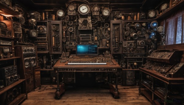 indoors,book,no humans,window,chair,table,instrument,scenery,desk,wooden floor,clock,bookshelf,computer,gears,speaker,phonograph,box,fantasy,lamp,cabinet,analog clock,wall clock