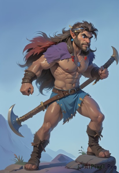 solo,long hair,looking at viewer,brown hair,black hair,1boy,navel,holding,jewelry,nipples,standing,full body,weapon,male focus,thighs,multicolored hair,earrings,outdoors,pointy ears,belt,dark skin,necklace,stomach,holding weapon,torn clothes,muscular,headband,facial hair,thick thighs,abs,sandals,dark-skinned male,thick eyebrows,pectorals,muscular male,bara,pelvic curtain,beard,large pectorals,topless male,mature male,axe,manly,bare pectorals,loincloth,biceps,navel hair,holding axe,tooth necklace,blue eyes,cape,bulge,fighting stance