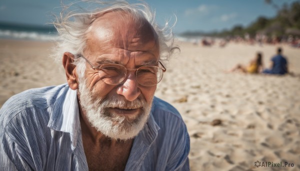 solo,shirt,1boy,closed mouth,closed eyes,upper body,white hair,male focus,outdoors,multiple boys,sky,glasses,solo focus,day,striped,collared shirt,blurry,blue sky,depth of field,blurry background,facial hair,beach,blue shirt,facing viewer,beard,vertical stripes,striped shirt,realistic,round eyewear,mustache,sand,bald,old,old man,vertical-striped shirt,wrinkled skin,shiny,lips,dress shirt,ocean,scar,wind,messy hair,scar on face,photo background